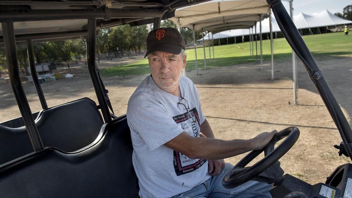 Doug Ose surveys tent facilities at Gibson Ranch in Rio Linda on Friday, October 16, 2015.