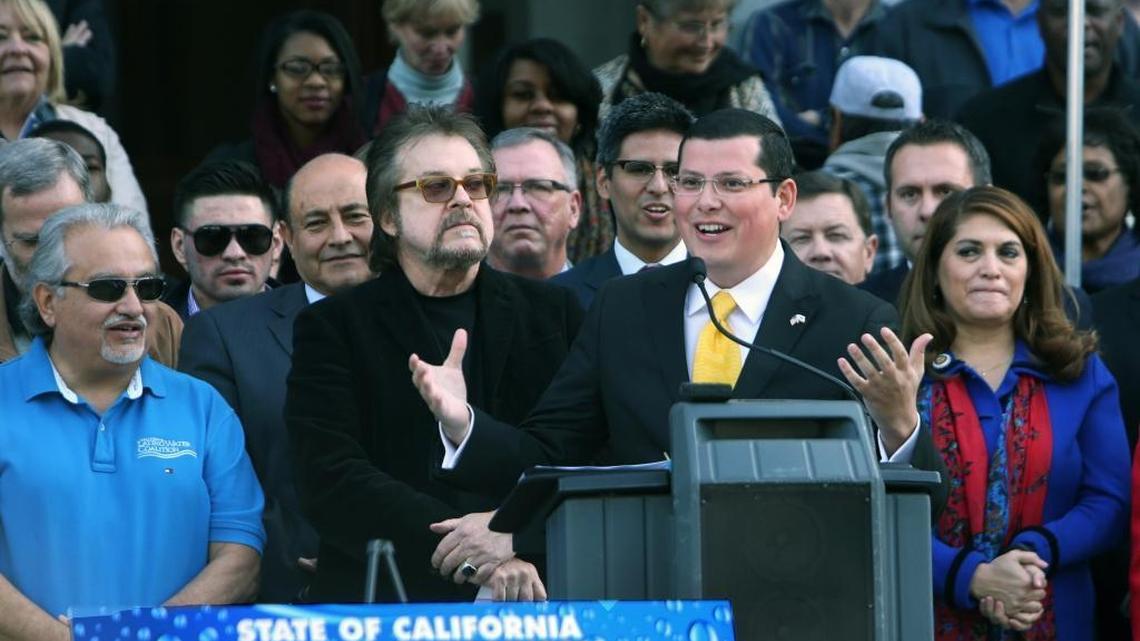 Assemblyman Rudy Salas, D-Bakersfiled, speaks during a rally joined by the Latino Water Coalition, the NAACP, the League of Cities, the Latino Caucus along with hundreds of farm workers to voice the importance of finding short-term water supply solutions for 2014 and legislation for building new water infrastructure in the Central Valley and in California.