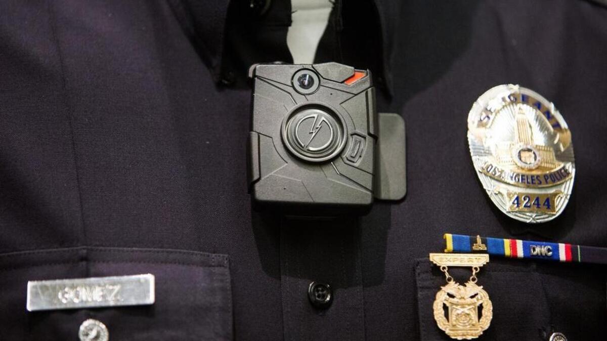 
Sgt. Dan Gomez of the Los Angeles Police Department wears a new body camera last year.
