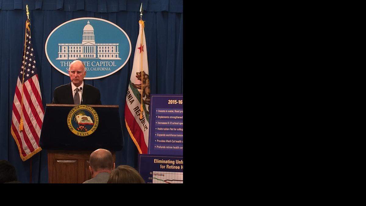 
Gov. Jerry Brown unveils his 2015-16 state budget on Jan. 9, 2015 at the Capitol in Sacramento, Ca.
