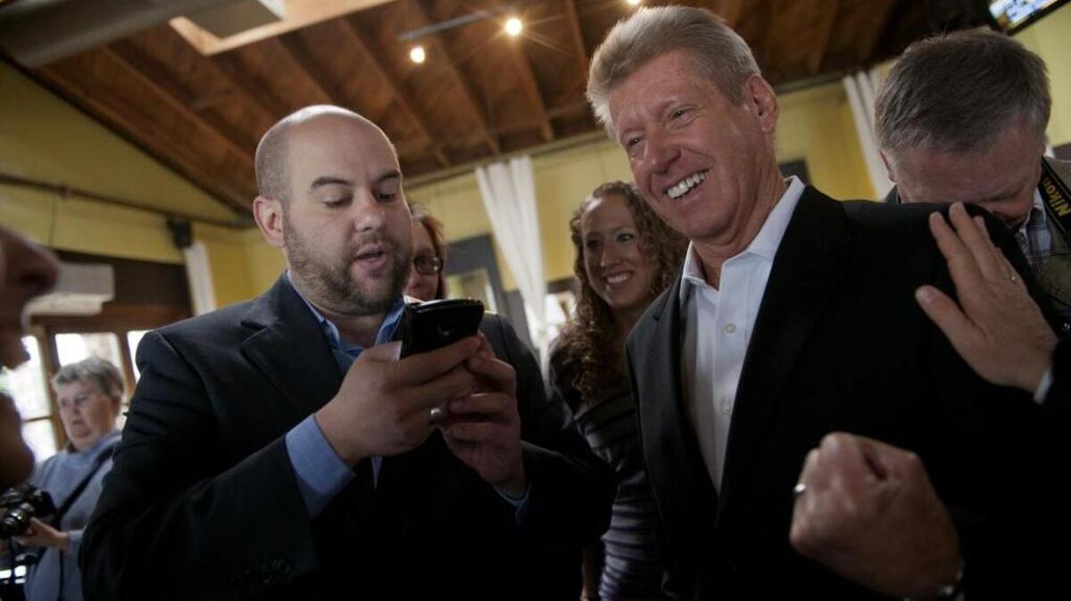 
Dennis Manger, right, celebrates a federal appeals court ruling that California's same-sex marriage ban is unconstitutional on Feb 7, 2012.
