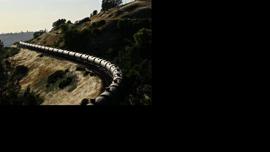 
A crude oil train operated by BNSF snakes its way through James, Calif., on June 5, 2014.
