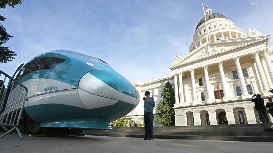 A full-scale mock-up of a high-speed train is displayed at the Capitol in Sacramento.