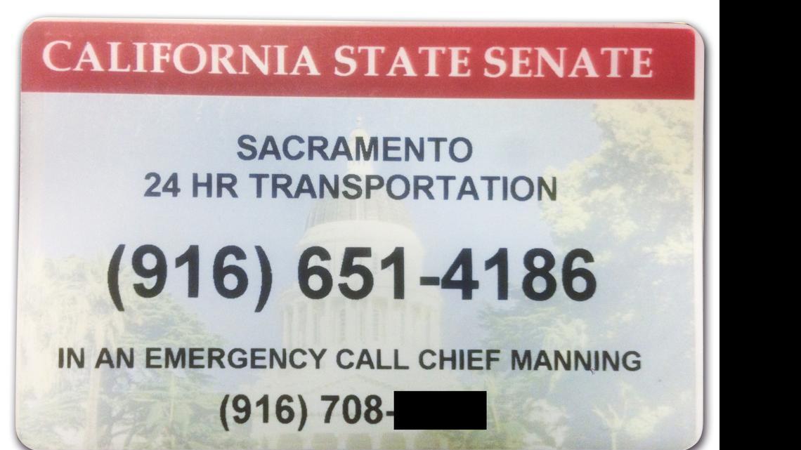 
Senate members were given small plastic cards with the number for “Sacramento 24 hr transportation.” Featuring a “California State Senate” banner across the top and a picture of the Capitol dome in the background, the card also includes a phone number for the Senate’s Chief Sergeant-at-Arms Debbie Manning, telling members to call her “in an emergency.” Manning's number has been obscured by The Sacramento Bee.
