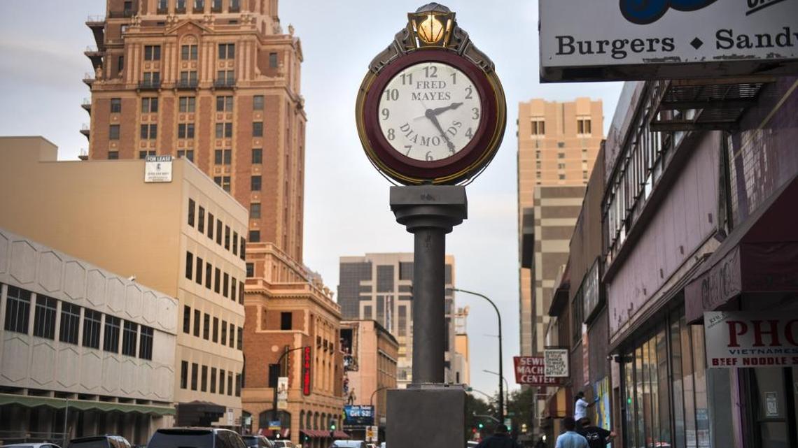 A majestic tower street clock on J Street near 10th Street in downtown Sacramento.