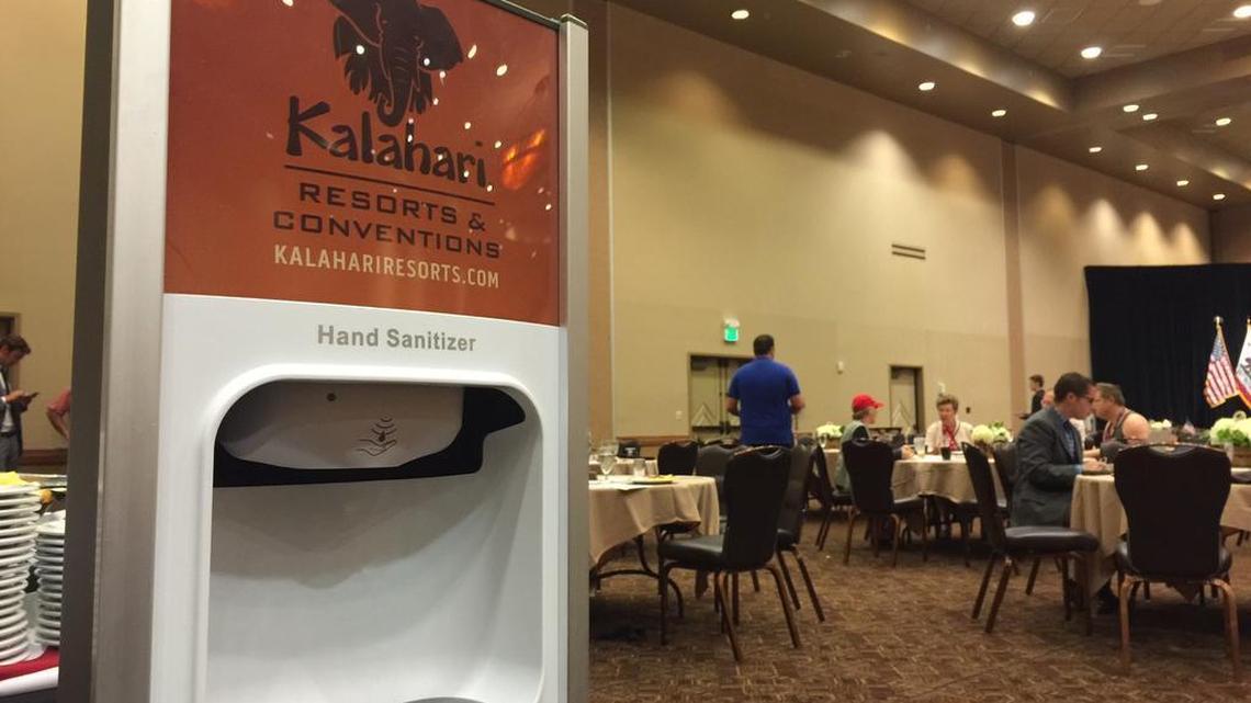 A hand sanitizer station was installed at the Kalahari Resort in Sandusky, Ohio, for the California delegation’s breakfast on Tuesday.