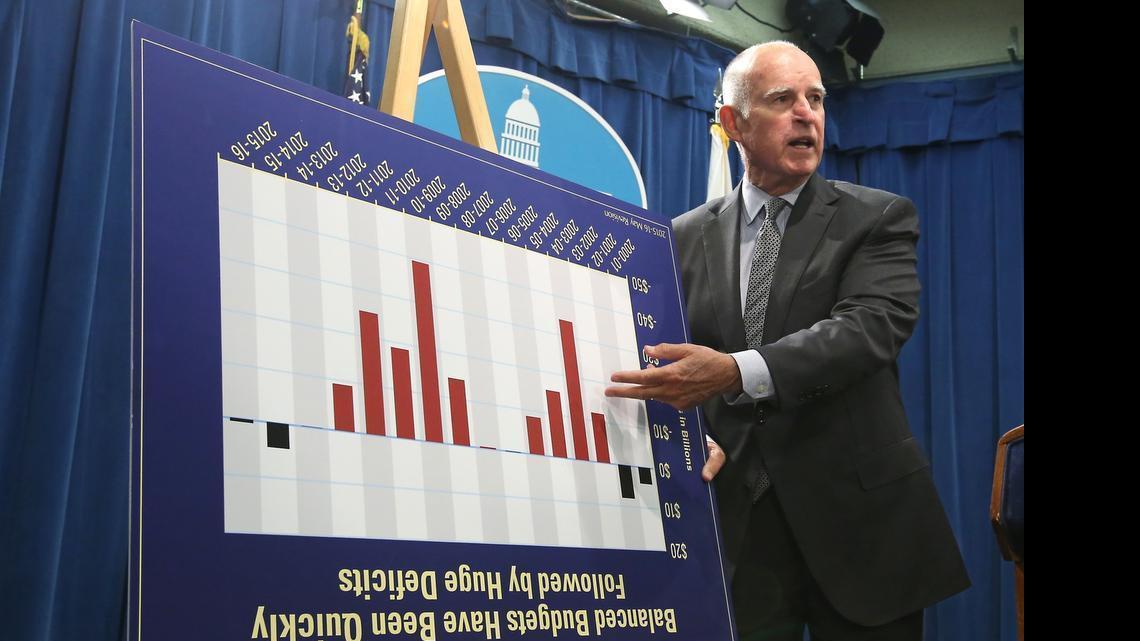 
California Gov. Jerry Brown jokes with reporters by turning a budget chart upside as he discusses his revised state budget plan during a May 14, 2015 news conference at the state Capitol. The legislative joint budget committee was scheduled to meet Tuesday.
