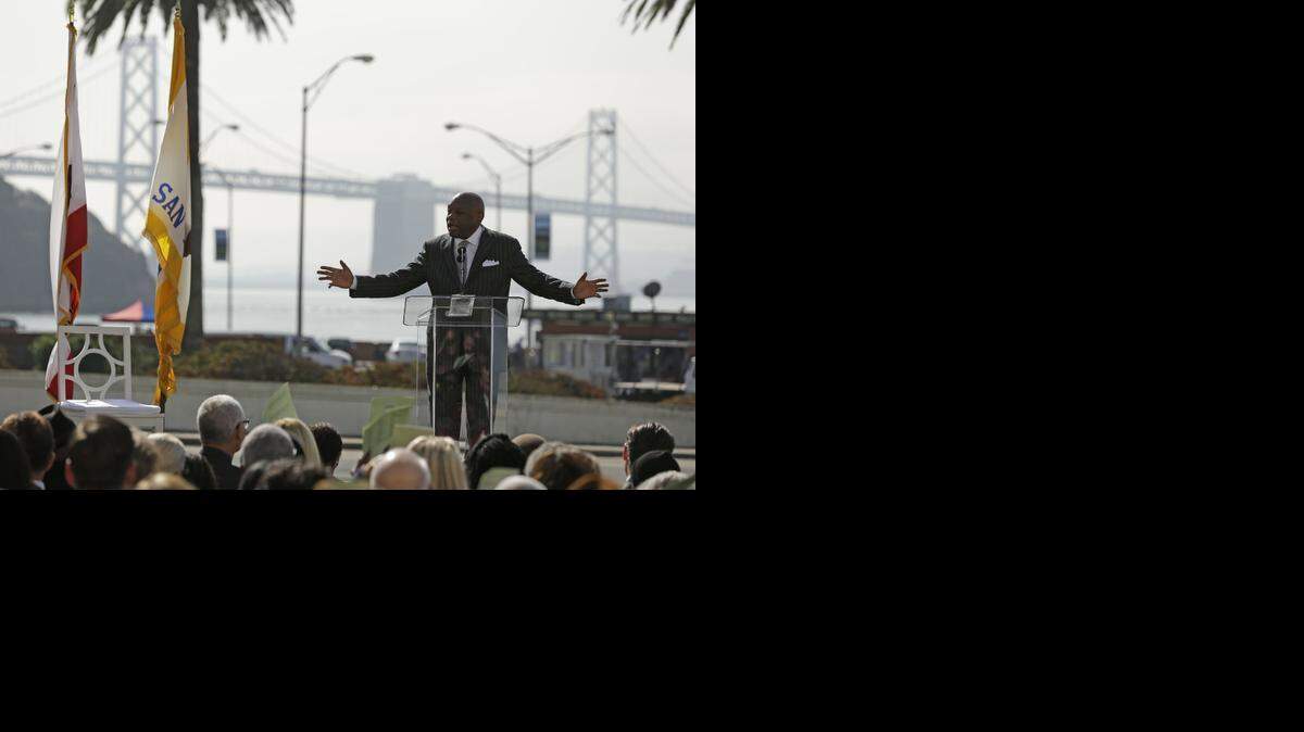 
Willie Brown, the former San Francisco mayor and state Assembly speaker, gestures while speaking during the dedication of the Willie L. Brown, Jr. Bridge at Treasure Island in February 2014.
