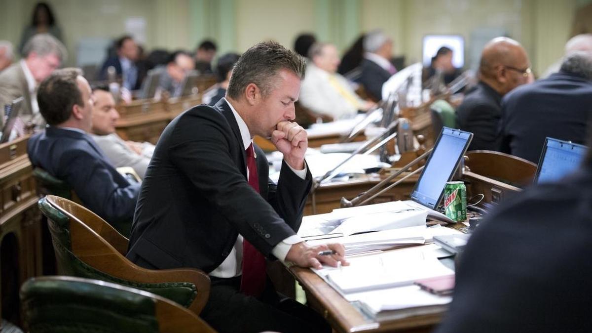 Assemblyman Travis Allen, R-Huntington Beach reads bills on Friday, August 29, 2014.