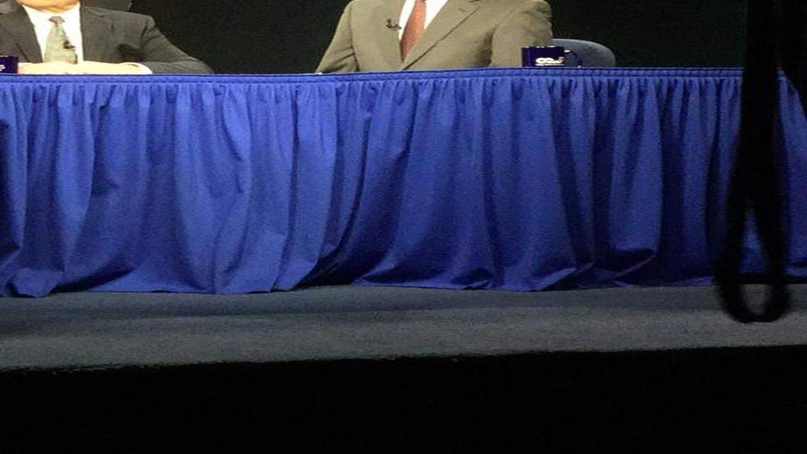 
Assemblywoman Susan Bonilla, left, and Orinda Mayor Steven Glazer, right, debate in the race for California’s state Senate 7th District in Martinez.
