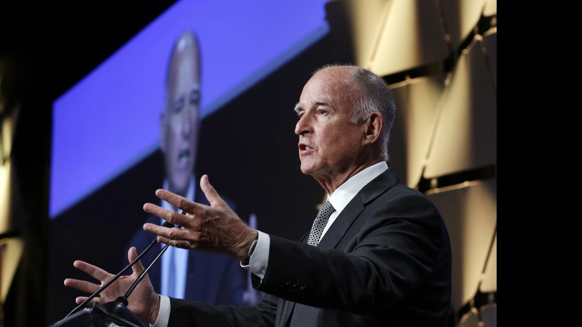 
California Gov. Jerry Brown speaks at a gathering of political, business and community leaders at the annual California Chamber of Commerce Host Breakfast on Thursday.
