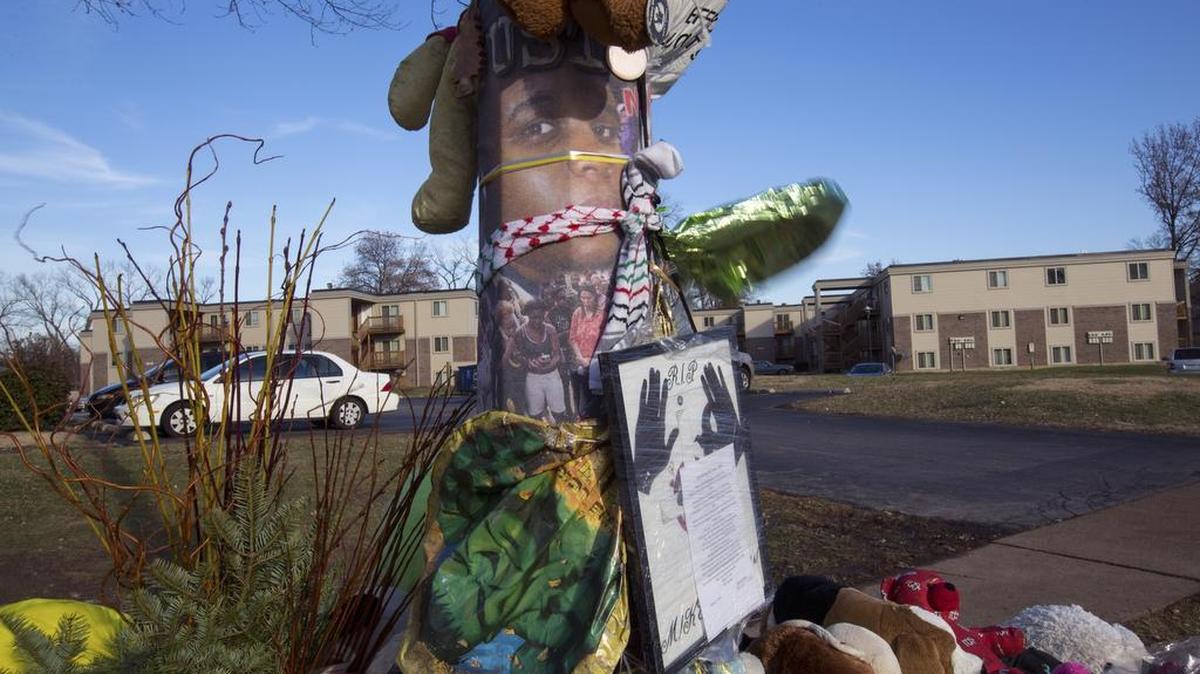 
A memorial to Michael Brown, near the spot he was shot dead by officer Darren Wilson, on Canfield Drive in Ferguson, Mo. A grand jury did not indict Wilson for the killing, sparking national protests.
