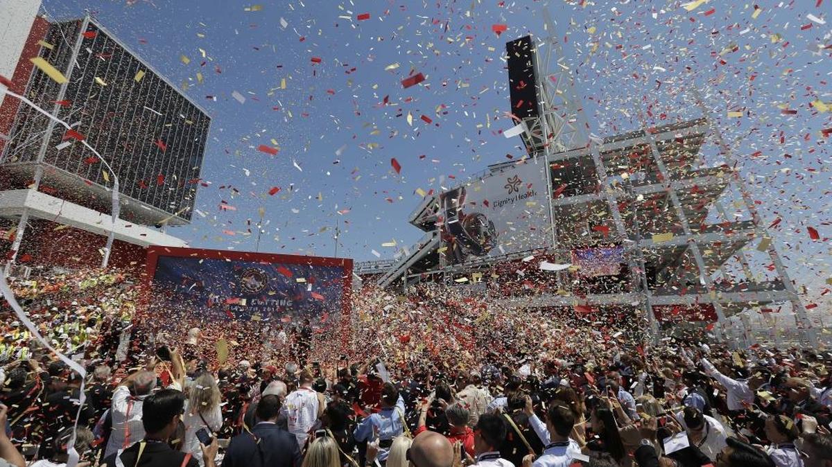 
Confetti rains down during the ribbon-cutting and opening of Levi's Stadium July 17, 2014, in Santa Clara. 
