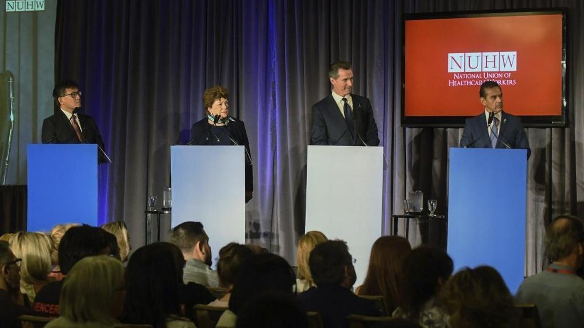 California gubernatorial candidates from left, John Chiang, Delaine Eastin, Gavin Newsom and Antonio Villaraigosa participate in a candidates forum at the Sheraton Hotel in Anaheim on Oct. 22, 2017.