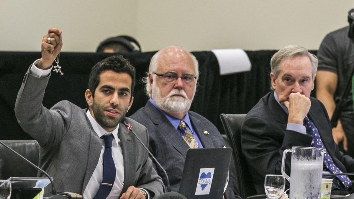 
University of California’s student regent, Abraham Oved, left, holds up a Star of David during a discussion on the controversial intolerance statement at the Board of Regents meeting in Irvine on Sept. 17, 2015.
