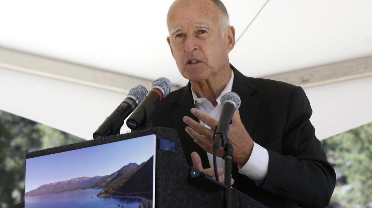 
Gov. Jerry Brown speaks at the 19th Annual Lake Tahoe Summit at Zephyr Cove, Monday, Aug. 24, 2015, in South Lake Tahoe, Nev.
