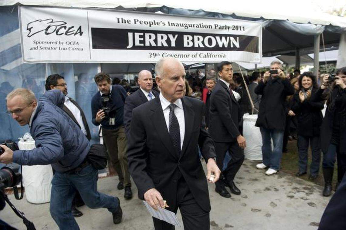 Inaugurations are nothing new to Gov. Jerry Brown, shown leaving his 2011 inauguration party outside the Capitol, who will be sworn in for his fourth term on Monday.