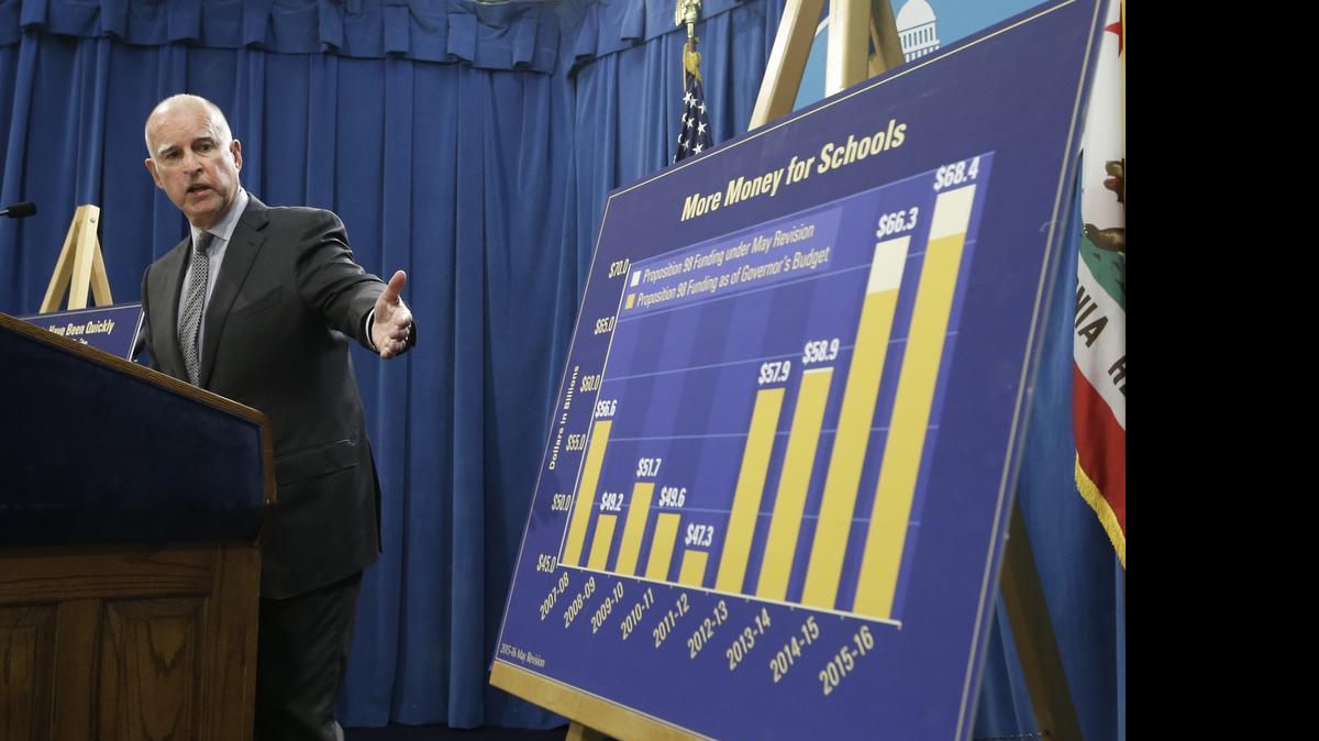 
California Gov. Jerry Brown gestures to a chart showing the increase in education spending as he discusses his revised state budget plan during a news conference at the Capitol on Thursday. Lawmakers of both parties and outside groups generally gave the proposal good marks.

