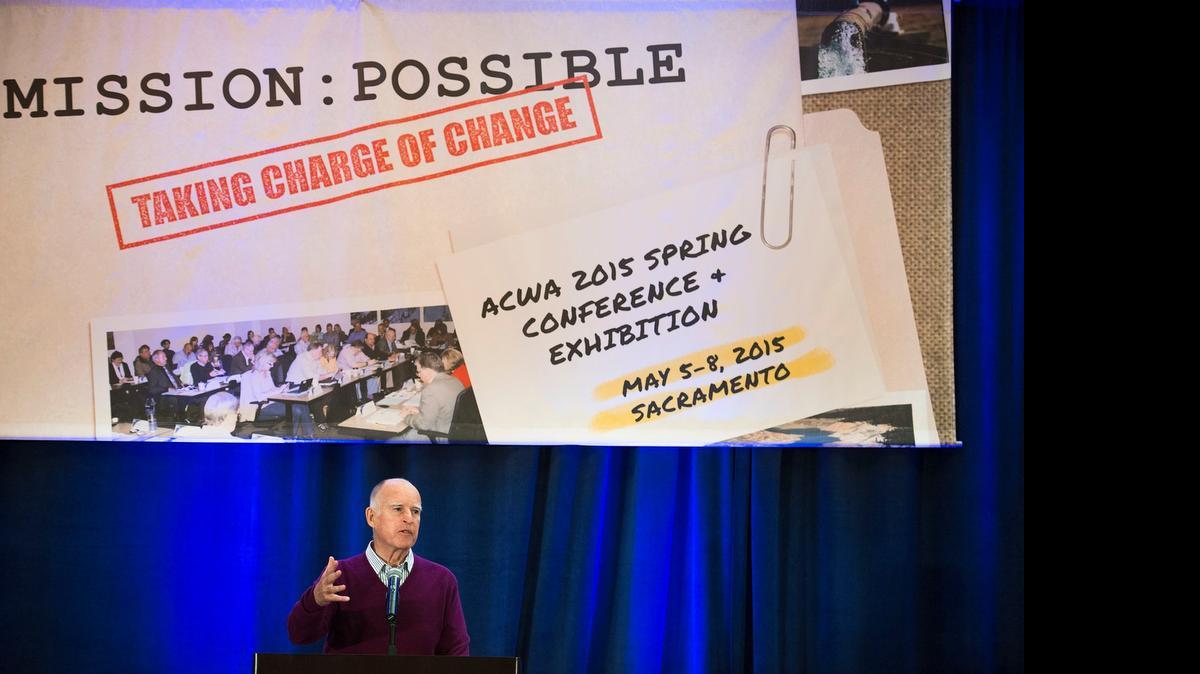 
Gov. Jerry Brown speaks to water managers from throughout the state at the Association of California Water Agencies conference at the Sheraton Grand Sacramento Hotel on Wednesday, May 6, 2015 in Sacramento, Calif.
