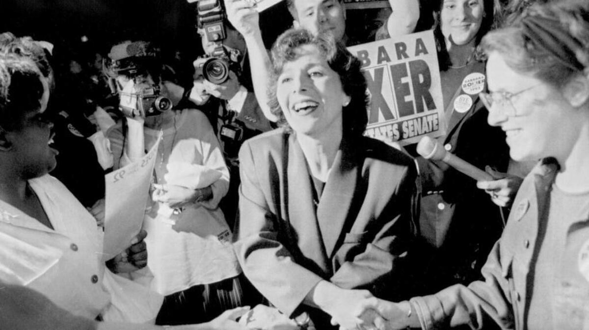 U.S. Sen. Barbara Boxer is congratulated by supporters at her victory celebration in Los Angeles in 1992.