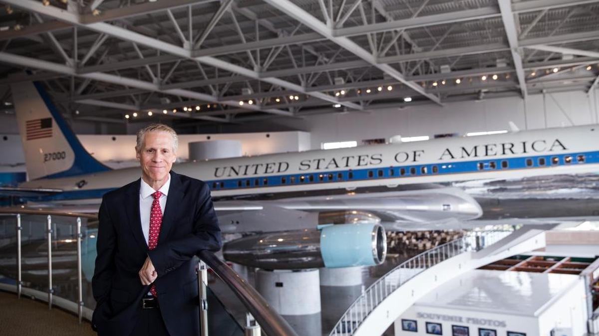 
John Heubusch, executive director of the Ronald Reagan Presidential Foundation and Library in Simi Valley, stands on the third floor of the library’s Air Force One Pavilion, which will serve as the backdrop for a Republican presidential debate on Sept. 16. 
