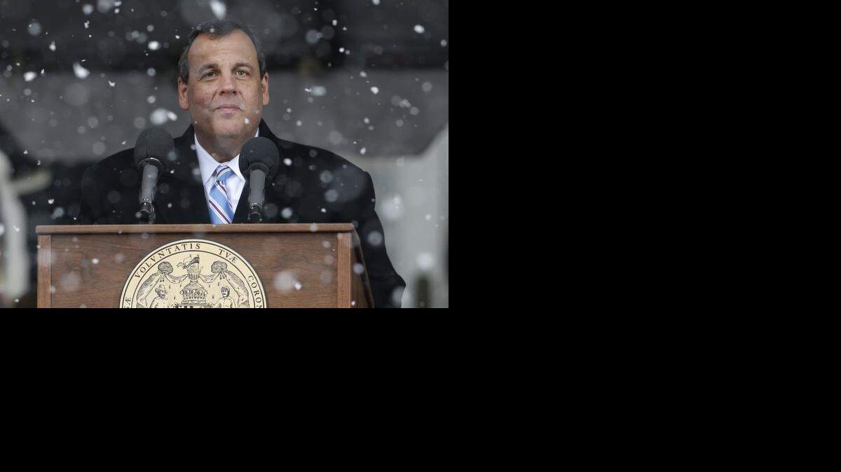 
New Jersey Gov. Chris Christie introduces Maryland Gov. Larry Hogan during an inaugural ceremony at the statehouse, Wednesday, Jan. 21, 2015, in Annapolis, Md.
