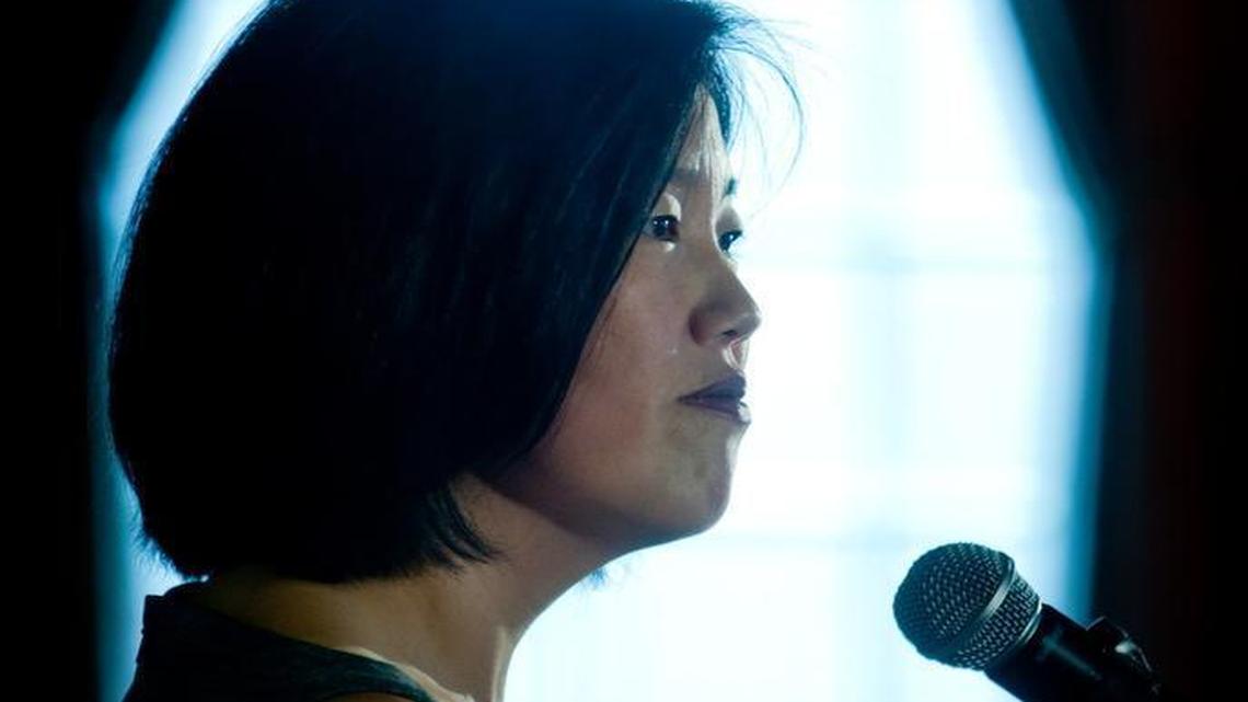 Michelle Rhee speaks at a Sacramento Press Club event in May 2010, when she was chancellor of the Washington, D.C., public schools system and fiancée of Sacramento Mayor Kevin Johnson.