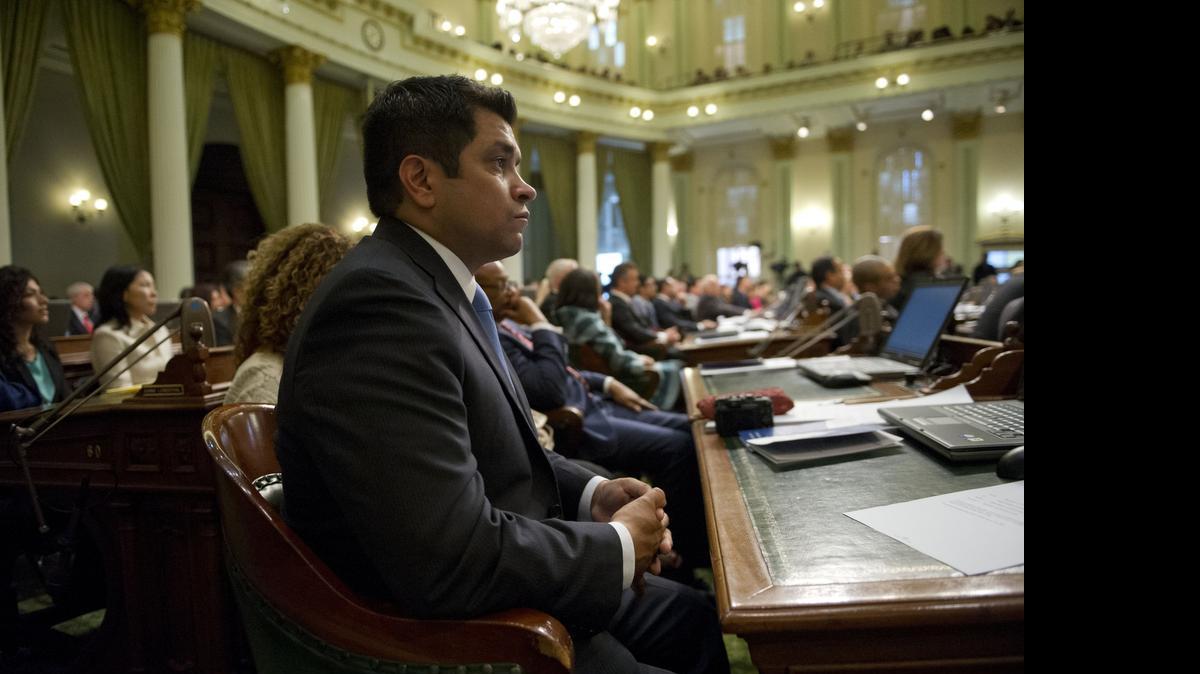 
Assemblyman Jimmy Gomez, D- Los Angeles, who now chairs the Appropriations Commitee, during the first day of session at the State Capitol in Sacramento, Calif. on Monday, Dec. 3, 2012 .
