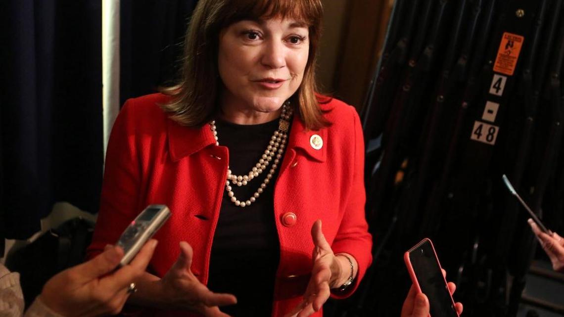 Rep. Loretta Sanchez, D-Orange, speaks with reporters last month after appearing at a forum hosted by the Latino Journal in Sacramento.