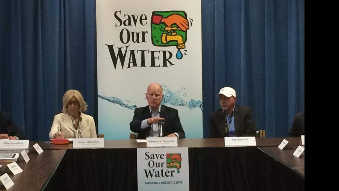 
Gov. Jerry Brown speaks with business representatives about the drought in Sacramento on April 16, 2015.
