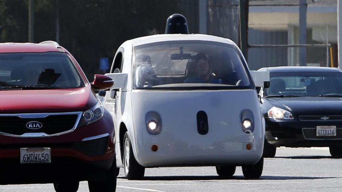 A Google self-driving car travels eastbound on San Antonio Road in Mountain View.