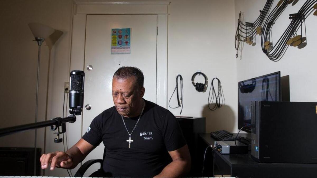 Ronnie Jordan, 53, was homeless and now lives in a permanent supportive housing apartment in L.A. Ronnie is a musician (keyboard and guitar) and he has set up a little music studio in his apartment. He plays and composes music on weekday mornings. Tuesday Oct. 25, 2016: Los Angeles, CA.
