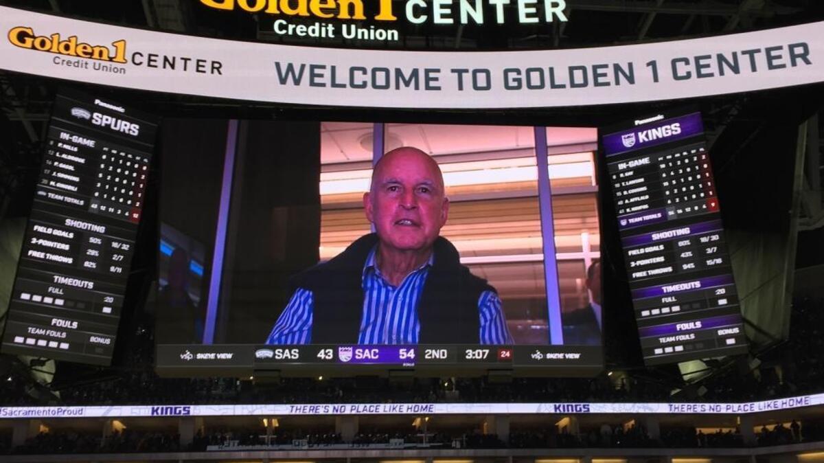 Gov. Jerry Brown is seen on the big screen as he addresses the crowd at the opening of the Golden 1 Center in Sacramento on Oct. 27, 2016, when the Sacramento Kings lost to the San Antonio Spurs.
