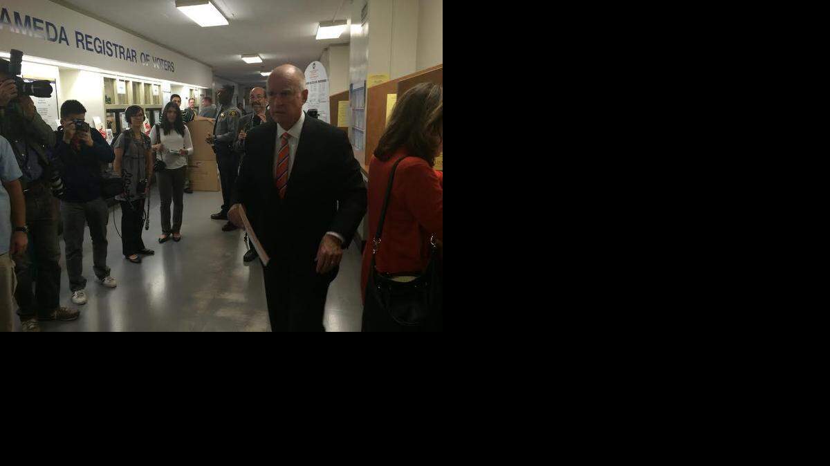 
Gov. Jerry Brown votes early in Oakland on Thursday, Oct. 30, 2014.
