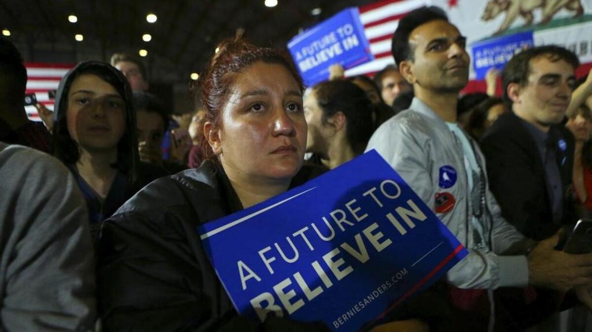 Supporters of Sen. Bernie Sanders during an election night rally with Sanders at Barker Hangar in Santa Monica, Calif., June 7, 2016. On Friday, Secretary of State Alex Padilla will certify the official primary results. (Jim Wilson/The New York Times)