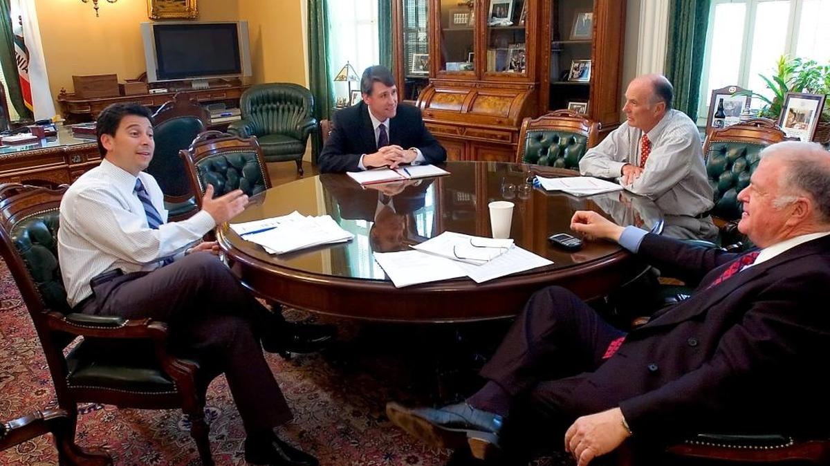 In May 2006, Assembly Speaker Fabian Nuñez, Assembly Republican Leader, George Plescia, Senate Republican Leader Dick Ackerman and Senate Pro Tem, Don Perata, meet before the Legislature voted on a $35 billion public-works bond package. State and local governments have sold $1.5 trillion in debt since the mid-1980s, according to new data from the state treasurer’s office.