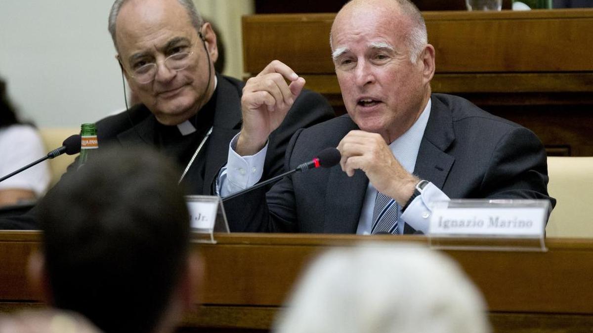 
Gov. Jerry Brown, right, delivers a speech on climate change in the Casina Pio IV at the Vatican, Wednesday, July 22, 2015.
