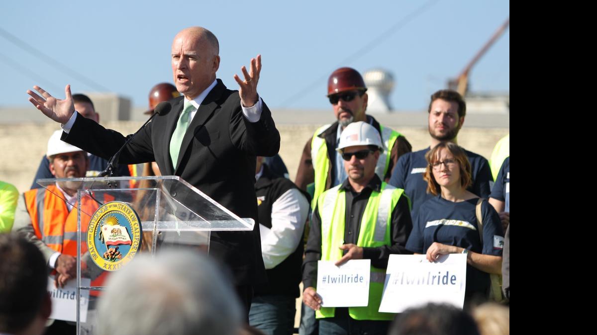 
Gov. Jerry Brown speaks during the California High Speed Rail Authority ground breaking event Tuesday, Jan. 6, 2015 in Fresno, Calif.
