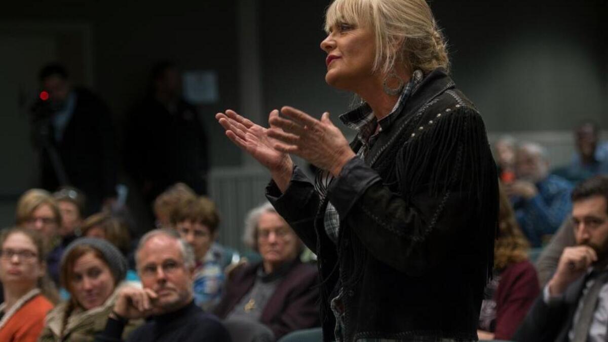 Mary Burwell-Morrongiello of Sonoma repeatedly challenged Rep. Mike Thompson, D-St. Helena, with outbursts during a hearing on gun control Monday, Dec. 14, 2015, at the state Capitol. “Arm the teachers, arm the people in mental health facilities, and you’ll have less deaths by firearms,” she said at one point. “Arm the citizenry.”