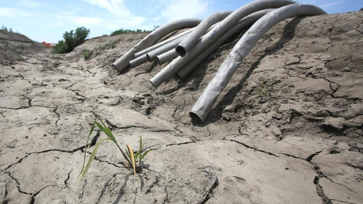 In this photo taken Monday, May 18, 2015, irrigation pipes sit along a dried irrigation canal on a field near Stockton, Calif.