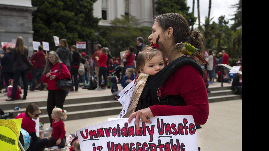 
Anti-vaccine advocates rally on the West Steps of the Capitol against legislation to require vaccinations, Senate Bill 277, on April 8, 2015.
