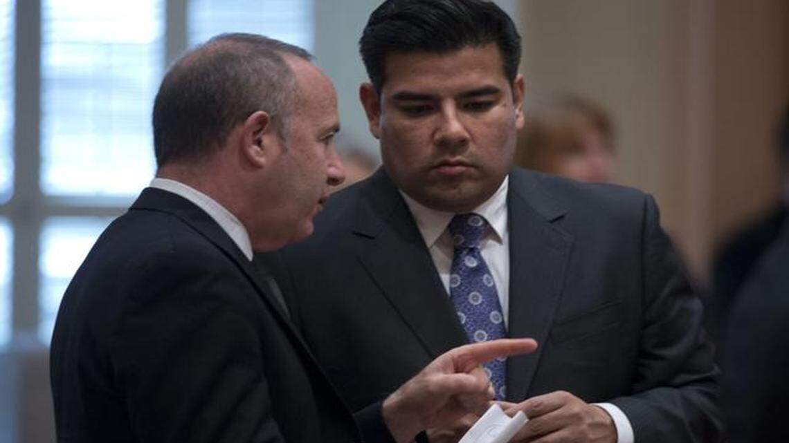
Sen. Ricardo Lara, D-Bell Gardens, speaks with then-president pro tem Darrell Steinberg on March 11, 2013. 
