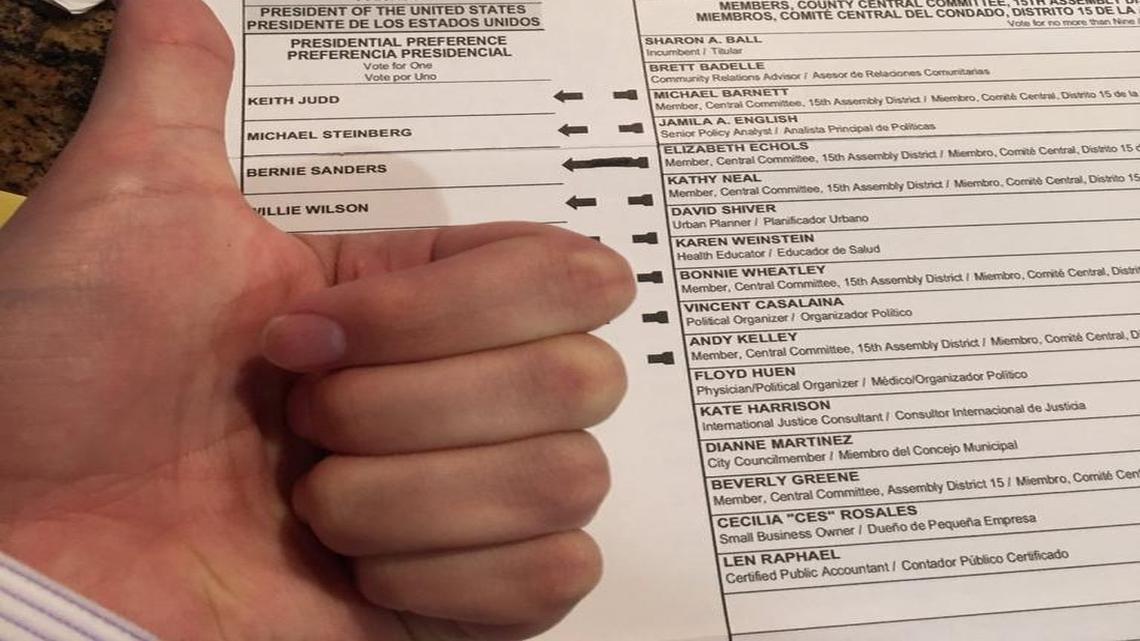 Taylor Huckaby shows off his ballot for the June 7, 2016, California primary in a photo.