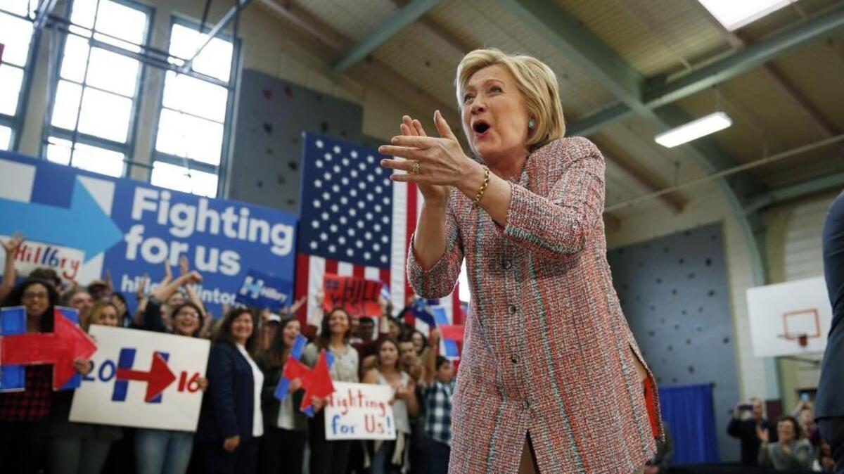 Democratic presidential candidate Hillary Clinton at a rally at Hartnell College in Salinas on May 25, 2016.
