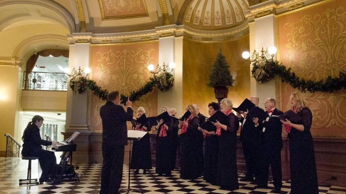 As part of annual Capitol holiday music concerts, Cantare Chorale, under the direction of Dr. Jeff Nelson, performs a variety of Christmas classics including music from the 17th century to contemporary pieces under the Capitol rotunda in Sacramento in 2013.