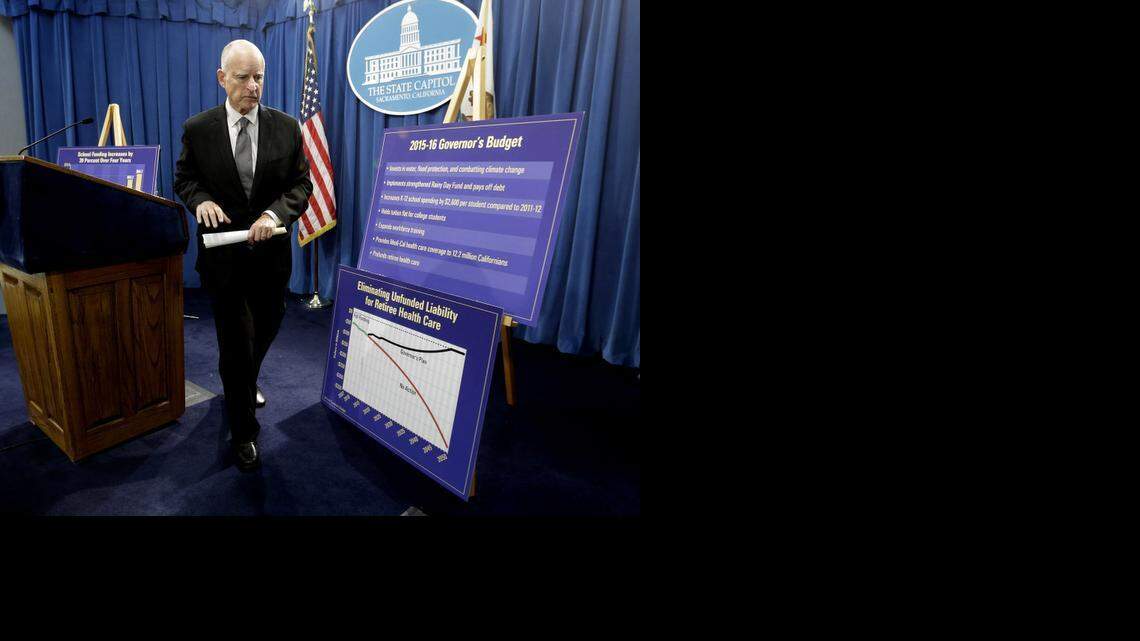 
Gov. Jerry Brown leaves a news conference after he unveiled his proposed 2015-16 state budget plan at the Capitol in Sacramento, Calif., Friday, Jan. 9, 2015.
