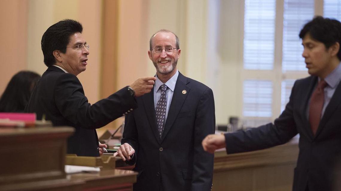 Sen. Steven Glazer, center, the only Democrat in the Senate to vote against a $52 billion gasoline tax increase road repair deal in April, announced Friday that he is resigning his post as chair of the Senate Governmental Organization Committee at the request of President Pro Tem Kevin de León, right. Also pictured with Glazer and de León in 2015 is Daniel Alvarez, secretary of the Senate, left.