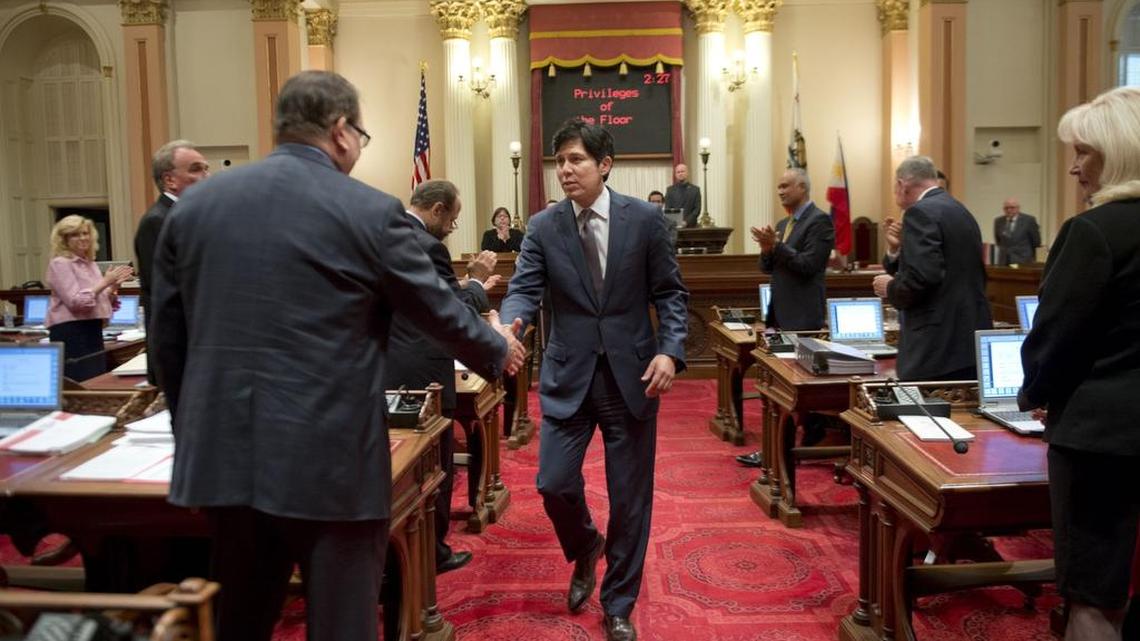 
Senate Republican Leader Bob Huff congratulates Sen. Kevin De León, D-Los Angeles after he is elected as the next President Pro Tem on June 16, 2014.
