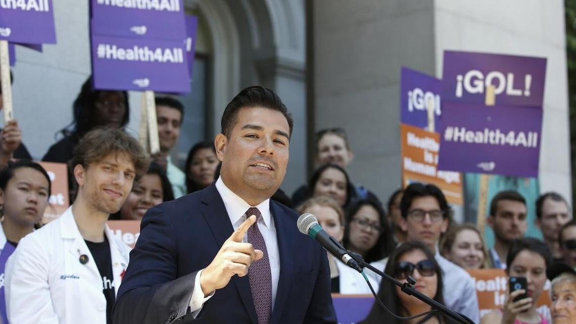 State Sen. Ricardo Lara, D-Bell Gardens, speaks at a rally where health care and immigrant rights advocates celebrated the expansion of Medi-Cal to children and teens illegally brought to the United States, held at the Capitol on May 16, 2016, in Sacramento. Lara is the chair of the Senate Appropriations Committee.