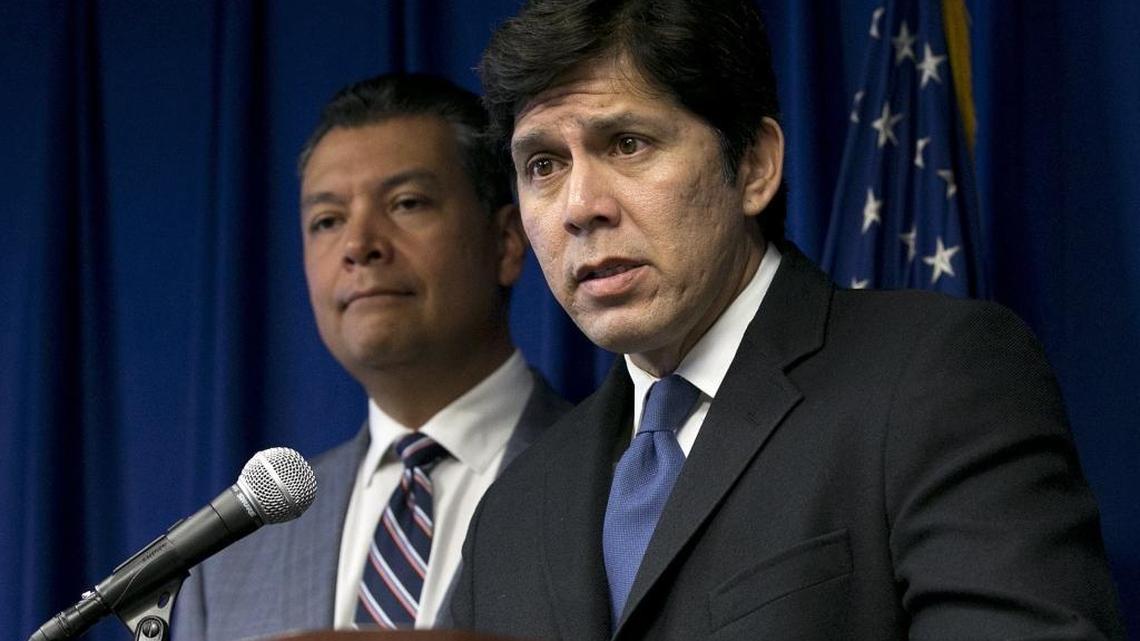 In this Sept. 5, 2017 file photo, State Senate President Pro Tem Kevin de León, D-Los Angeles, right, flanked by Secretary of State Alex Padilla, answers questions at a news conference in Sacramento.